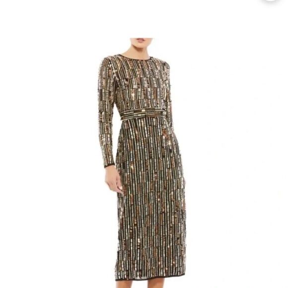 Mac Duggal 93590 Embellished High Neck Long Sleeve Midi Dress| Size 8 - Picture 2 of 12